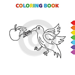 Cute cartoon bird and caterpillar fighting for apple coloring book for kids. black and white vector illustration for coloring book