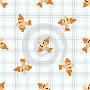 Cute cartoon 8bit fish seamless vector pattern. Ocean wildlife animal. Piscine pixel art all over print. Video game photo