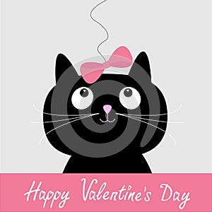 Cute cartoon black cat with pink bow. Happy Valent