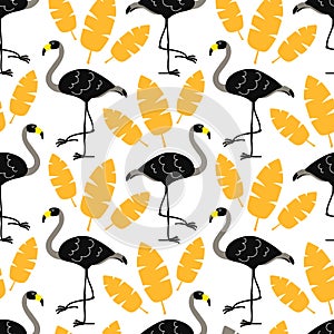 Cute cartoon black flamingos and gold tropical leaves isolated on white background. Vector seamless pattern