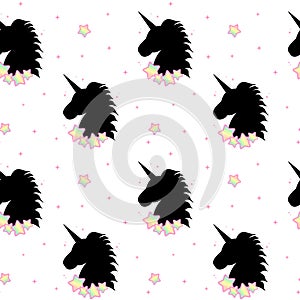Cute cartoon black unicorn silhouette with rainbow stars seamless pattern illustration