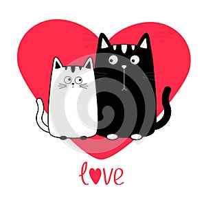 Cute cartoon black white cat boy and girl family. Big red heart. Kitty couple on date. Moustache whisker. Funny character set.