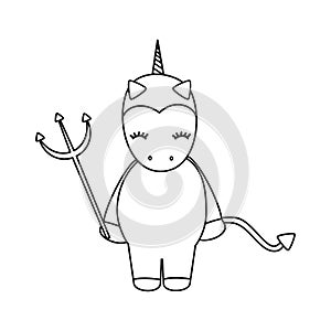 Cute cartoon black and white devil unicorn halloween vector illustration isolated