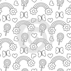 Cute cartoon black and white rainbows with daisy flowers, lollipops, hearts and butterflies seamless pattern vector background ill