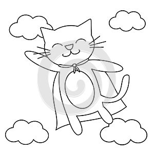 Cute cartoon black and white super cat hero flying in the sky funny vector cartoon illustration for coloring art
