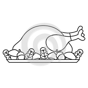 Cute cartoon black and white thanksgiving day roasted turkey vector illustration for coloring art