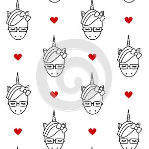 Cute cartoon black and white unicorns with eyeglasses seamless pattern background illustration