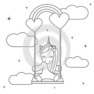 Cute cartoon black and white vector illustration with lovely unicorn sitting on a rainbow swing for coloring art