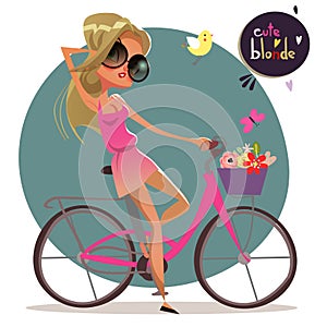 Cute cartoon blonde girl on the bycicle photo