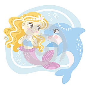 Cute cartoon blonde haired mermaid with a dolphin vector illustration