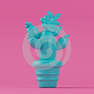 Cute Cartoon Blue Cactus in Duotone Style. 3d Rendering