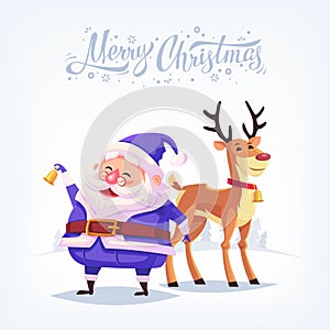 Cute cartoon blue costume Santa Claus ringing bell and funny reindeer Merry Christmas vector illustration Greeting card