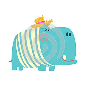 Cute cartoon blue hippopotamus in straw hat. African animal colorful character vector Illustration