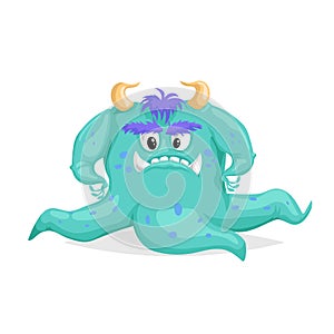 Cute cartoon blue monster. Scary character with tentacles. Octopus looking devil horned cephalopod. Halloween party symbol. photo