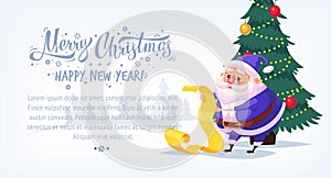 Cute cartoon blue suit Santa Claus reading gift list Merry Christmas vector illustration Greeting card poster horizontal