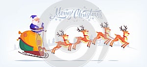 Cute cartoon blue suit Santa Claus riding reindeer sleigh Merry Christmas vector illustration Greeting card poster