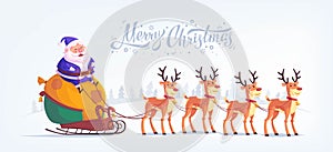 Cute cartoon blue suit Santa Claus riding reindeer sleigh Merry Christmas vector illustration Greeting card poster