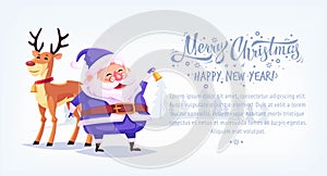 Cute cartoon blue suit Santa Claus ringing bell with reindeer Merry Christmas vector illustration horizontal banner.