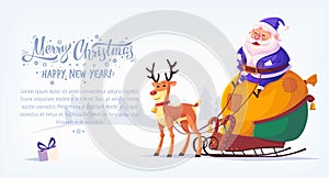 Cute cartoon blue suit Santa Claus sitting in sleigh with reindeer Merry Christmas vector illustration horizontal banner