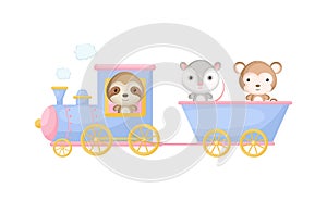 Cute cartoon blue train with sloth driver and monkey, opossum on waggon on white background. Design for childrens book, greeting