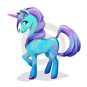 Cute cartoon blue unicorn with purple hair