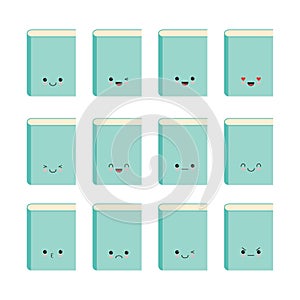 Cute cartoon book character with different emotions. Vector flat icons set isolated on white background