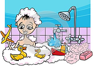 Cute cartoon boy in bath with toys