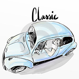 Cute cartoon boy driving classic car