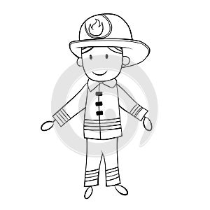 Cute Cartoon Boy in Fireman Costume. Black and White. JPEG