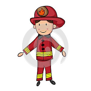 Cute Cartoon Boy in Fireman Costume. With shadow tone. Flat color. JPEG