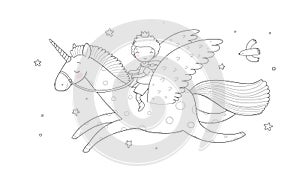 Cute cartoon boy flies on a pegasus. Little prince and unicorn