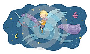 Cute cartoon boy flies on a pegasus. Little prince and unicorn