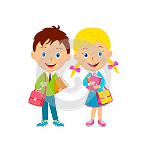 Cute cartoon boy and girl with books and bags