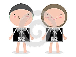 Cute cartoon boy and girl with x-ray screen showing internal organs and skeleton. x ray check bones kid, Element of educational