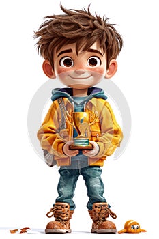 Cute Cartoon Boy with Golden Award Trophy in His Hands extreme closeup. Generative AI