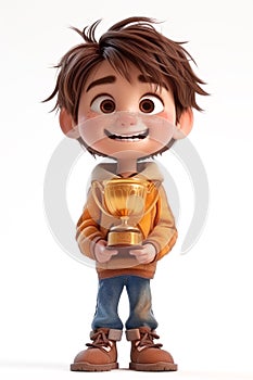 Cute Cartoon Boy with Golden Award Trophy in His Hands extreme closeup. Generative AI