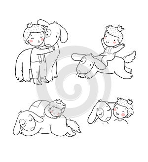 Cute cartoon boy and his dog. The little Prince. The kid is playing with the puppy