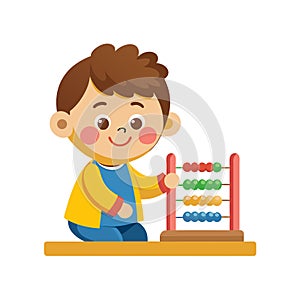 Cute Cartoon Boy Learning Math with Abacus - Educational Vector Illustration