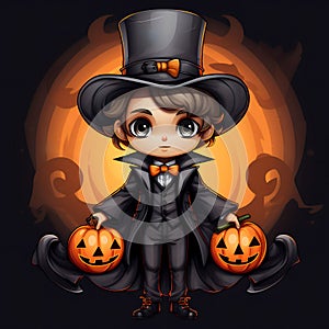 Cute cartoon boy magician. Template for a greeting card for Halloween. Generative AI