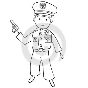 Cute Cartoon Boy in Policeman Costume. Black and White. Vector EPS 10