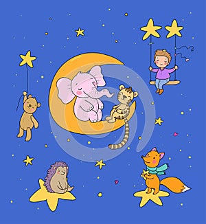 Cute cartoon boy rides on a swing. The child and his toys bear, tiger, fox. The little prince and his friends. Good night