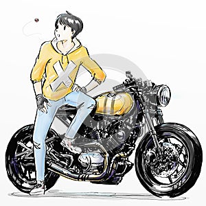 Cute cartoon boy riding her motorcycle