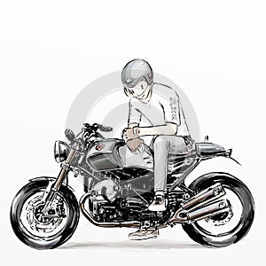 Cute cartoon boy riding motorcycle