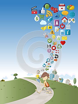 Cute cartoon boy using tablet