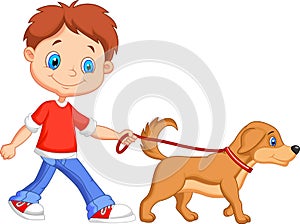 Cute cartoon boy walking with dog