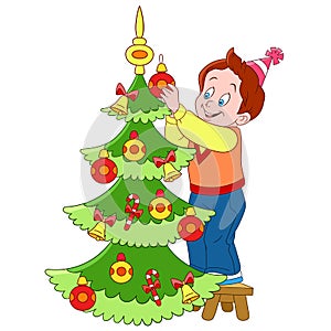 Cute cartoon boy and xmas tree