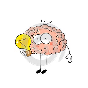 Cute cartoon brain with light bulb on white background. Funny vector illustration. Concept of idea,  intellect, human mind.