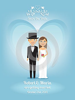 Cute cartoon bride and groom on wedding invitation