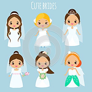 Cute cartoon brides. Princess in wedding dresses. Kawaii fiancee icons