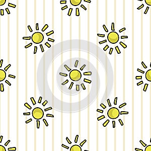 Cute cartoon bright sunshine seamless vector pattern. Hand drawn summer sunny sky background. Warm weather with yellow